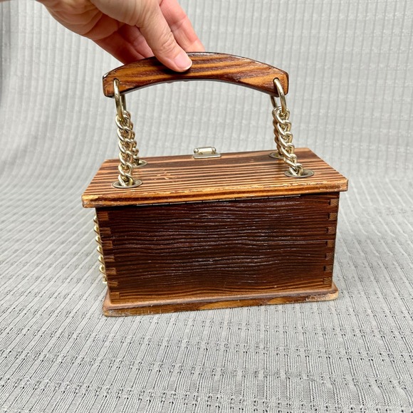 Vintage 60's/80's Wooden Handbag Keepsake Box With Metal Chain Made In Japan - Picture 5 of 16